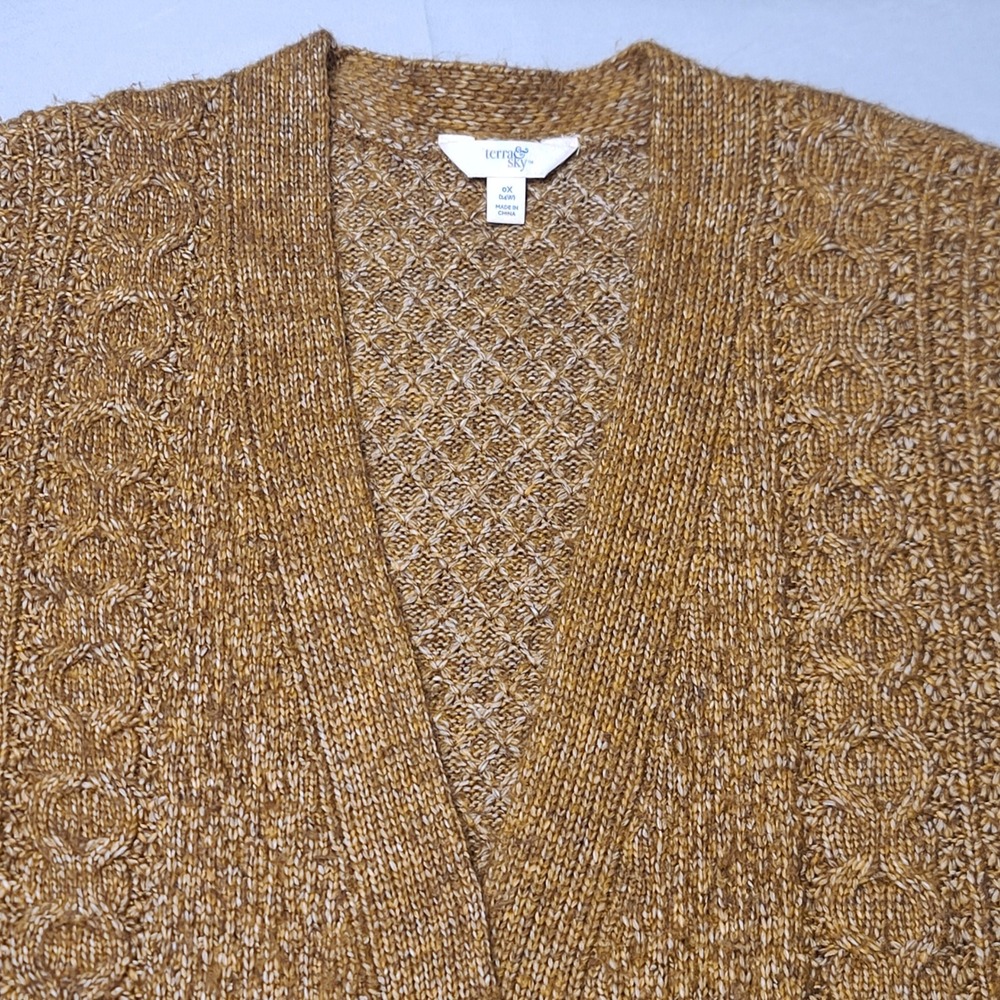 Terra & Sky Cardigan Womens 0X 14W Brown Cable Knit Open Front Longline Sweater